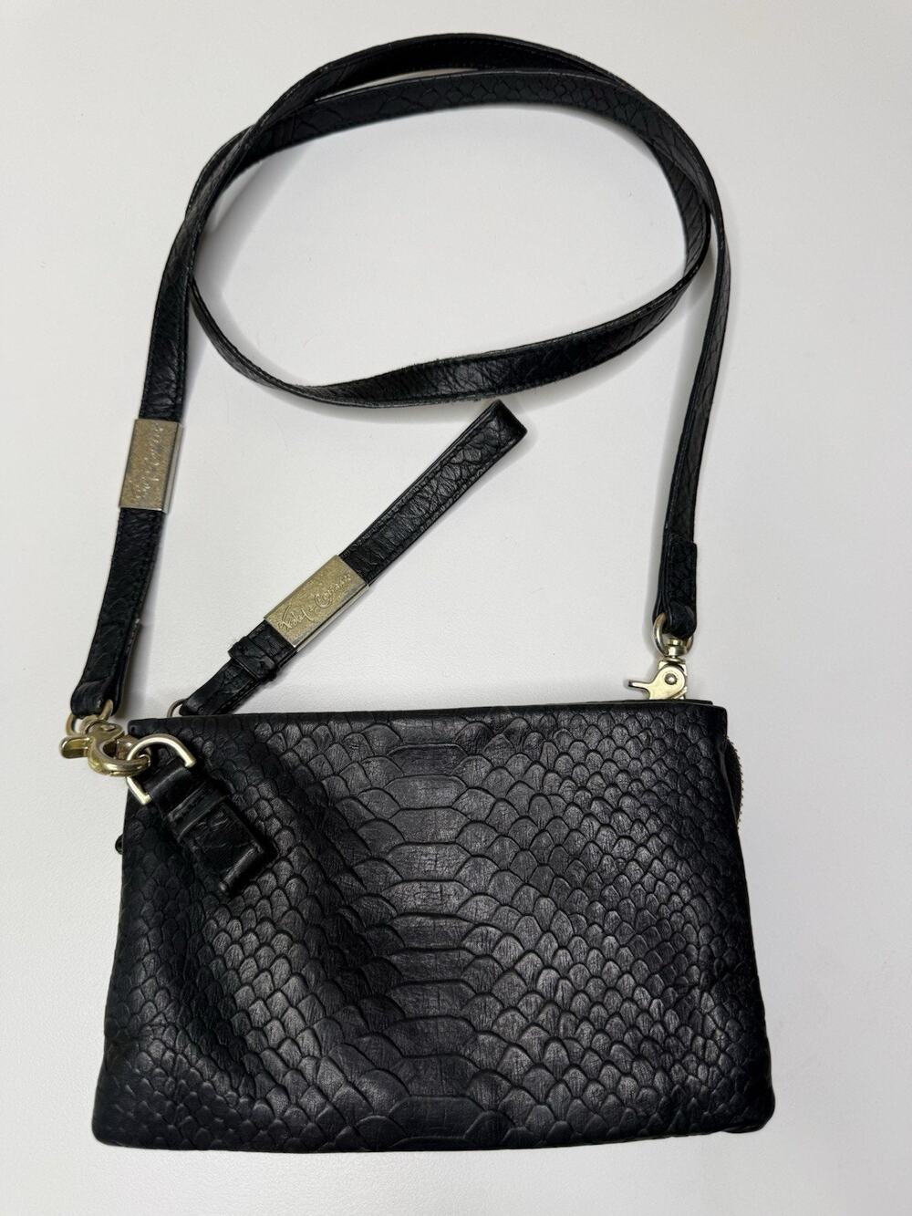 Foley + Corinna Cache Wristlet Crossbody Black Snakeskin Print Leather Moto Bag
